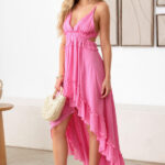 Asymmetric Ruffle Open Back Cutout Flair Dress - Paradise Pink, Small