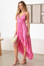 Asymmetric Ruffle Open Back Cutout Flair Dress - Paradise Pink, Small