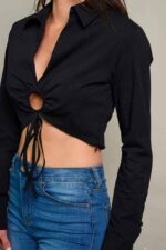 Women's Long Sleeve V-Neck Key Hole Crop Top