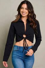 Women's Long Sleeve V-Neck Key Hole Crop Top