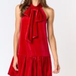 Sleeveless Neck Bow Tie Bubble Skirt Dress Red