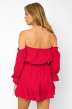 Ballon Sleeve Off Shoulder Flowy Romper Red