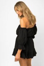 Ballon Sleeve Off Shoulder Flowy Romper Black