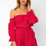 Ballon Sleeve Off Shoulder Flowy Romper Red