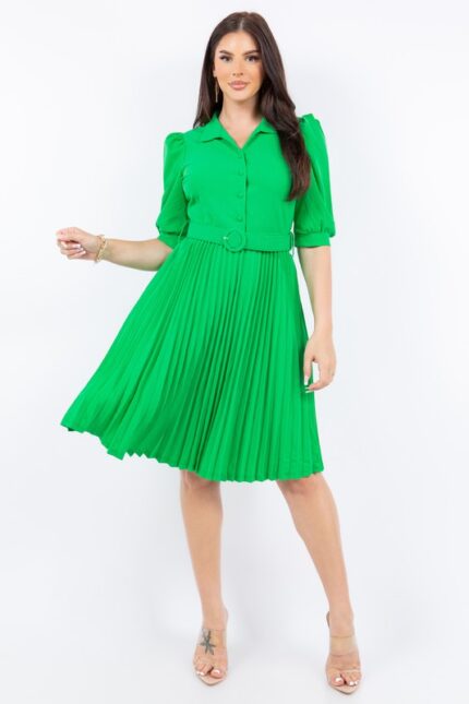 Solid Pleated Fashion Dress Green