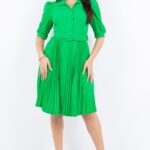 Solid Pleated Fashion Dress Green