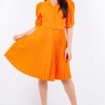 Solid Pleated Fashion Dress Orange