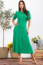 Button-Front Rib Knit Midi Dress