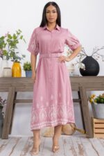 Button Down Embroidery Midi Dress